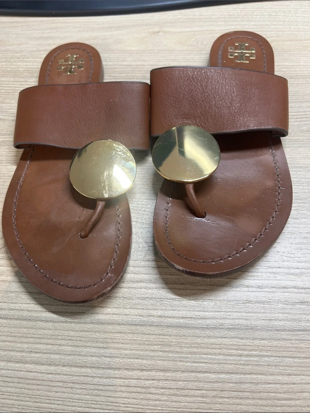 Tory Burch Patos Disk Brown Leather Flat Sandals 7 summer coastal boho vacation